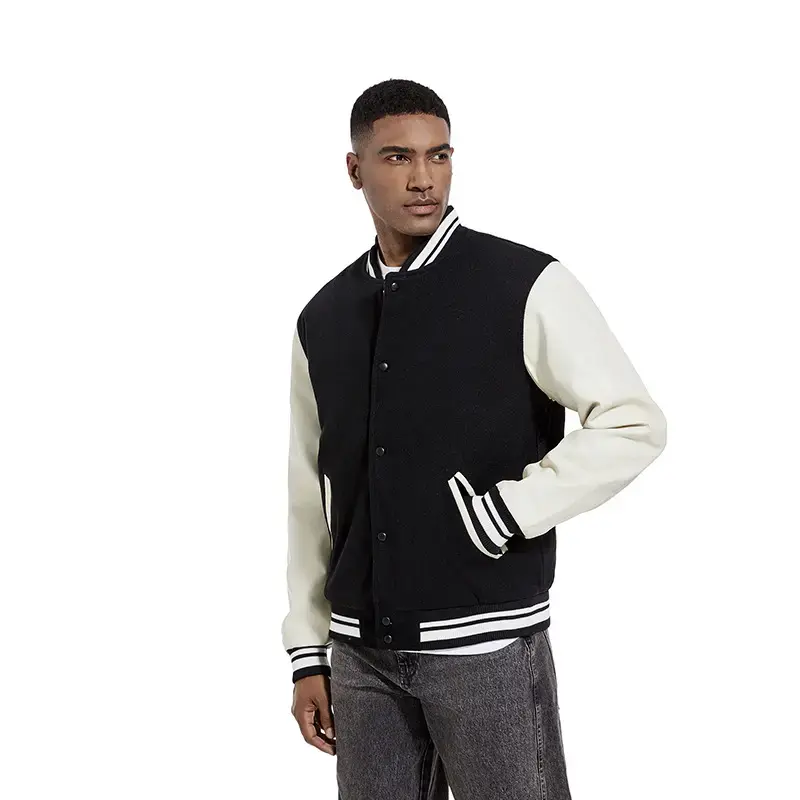 woolen pu sleeve men's black bomber jacket.jpg