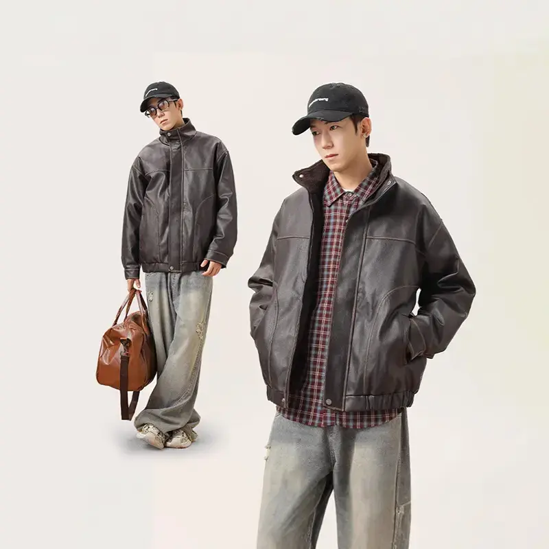 winter polyester padding brown leather bomber jacket.jpg